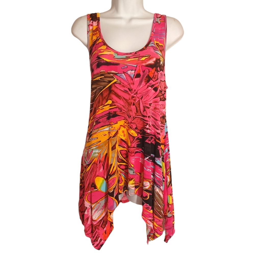 MOA MOA Pink Black Orange Floral Print Sharkbite Hem Sleeveless Top Medium